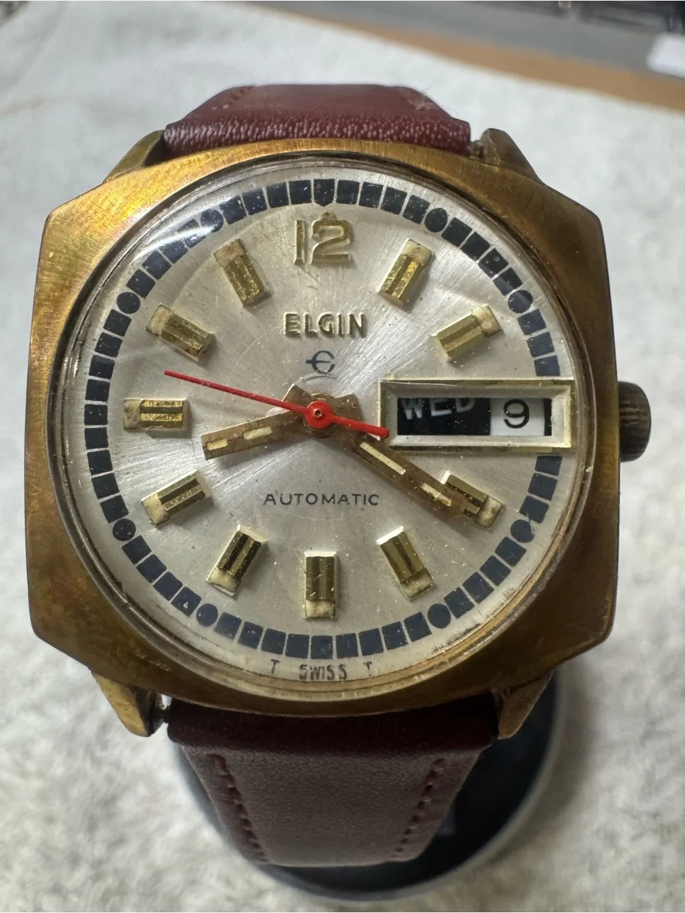 Elgin Men's Automatic Gold-Tone Watch with Brown Strap and Day-Date